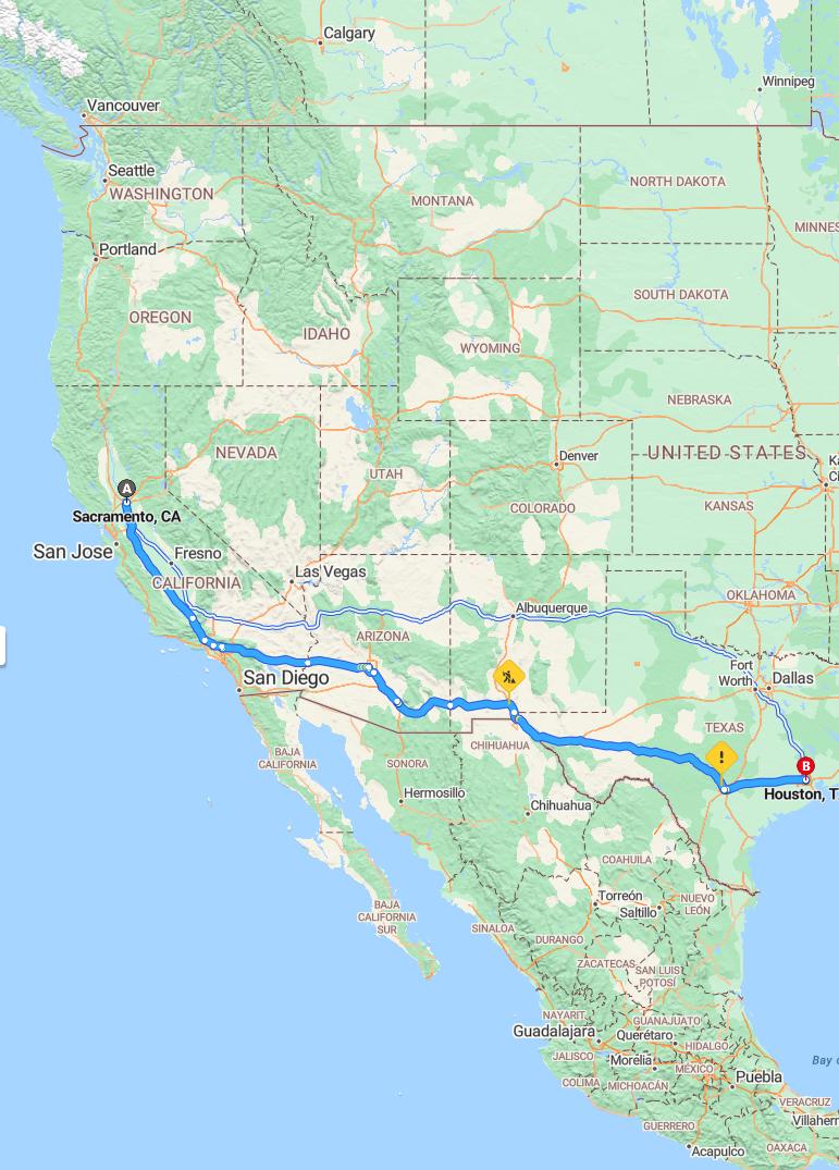 driving from Sacramento, California to HoustonTexas - map and route