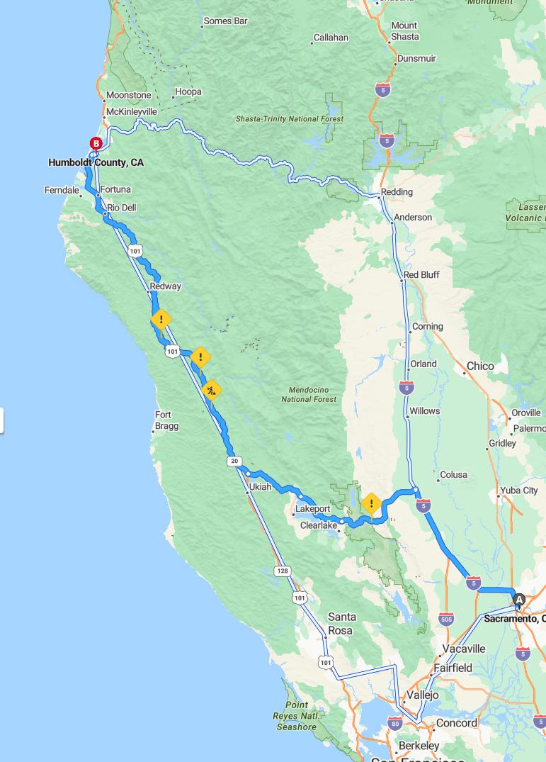 driving from Sacramento, California to HumboldtCalifornia - map and route