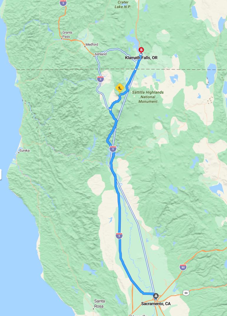 driving from Sacramento, California to Klamath FallsOregon - map and route