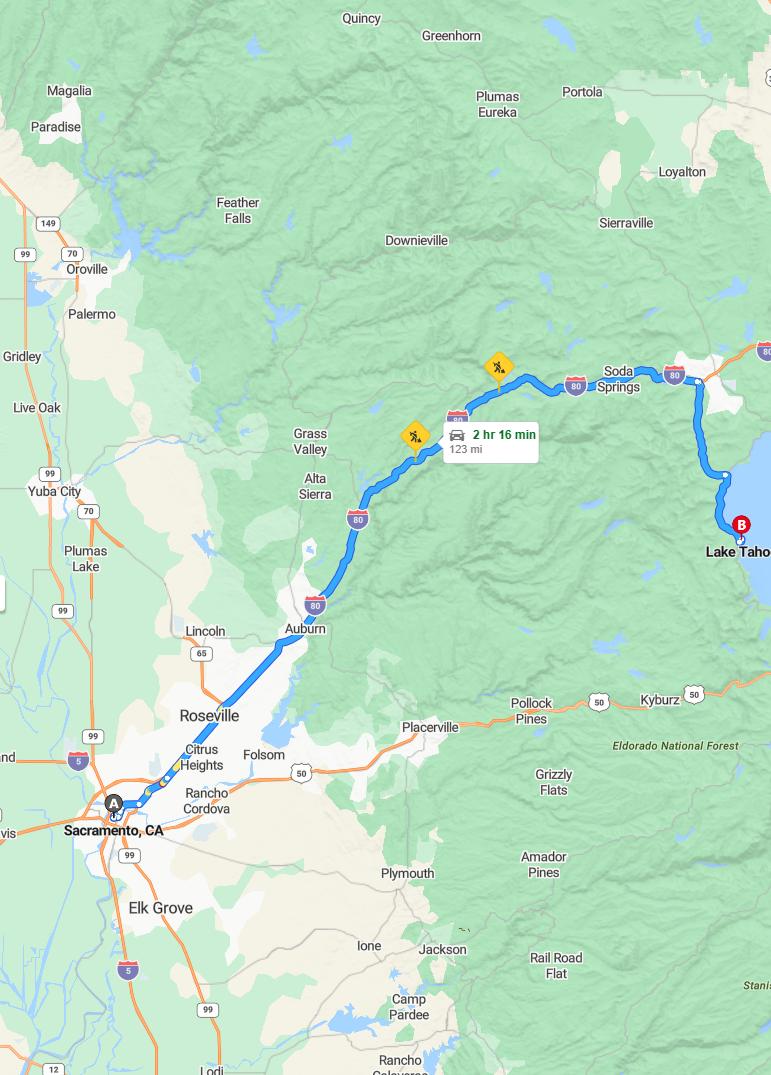 driving from Sacramento, California to Lake TahoeCalifornia - map and route