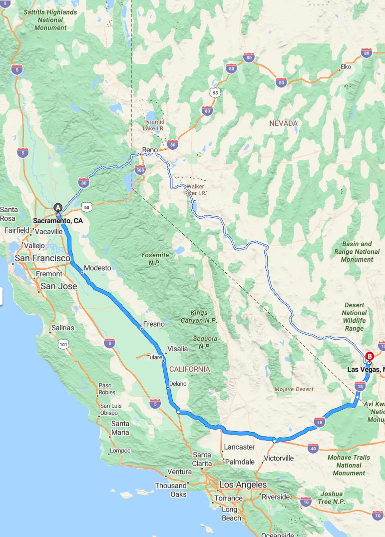 driving from Sacramento, California to Las VegasNevada - map and route