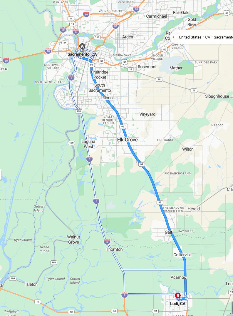 driving from Sacramento, California to LodiCalifornia - map and route