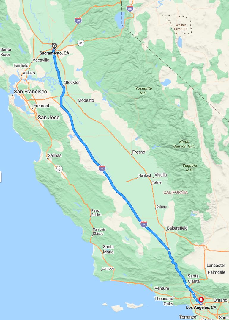 driving from Sacramento, California to Los AngelesCalifornia - map and route