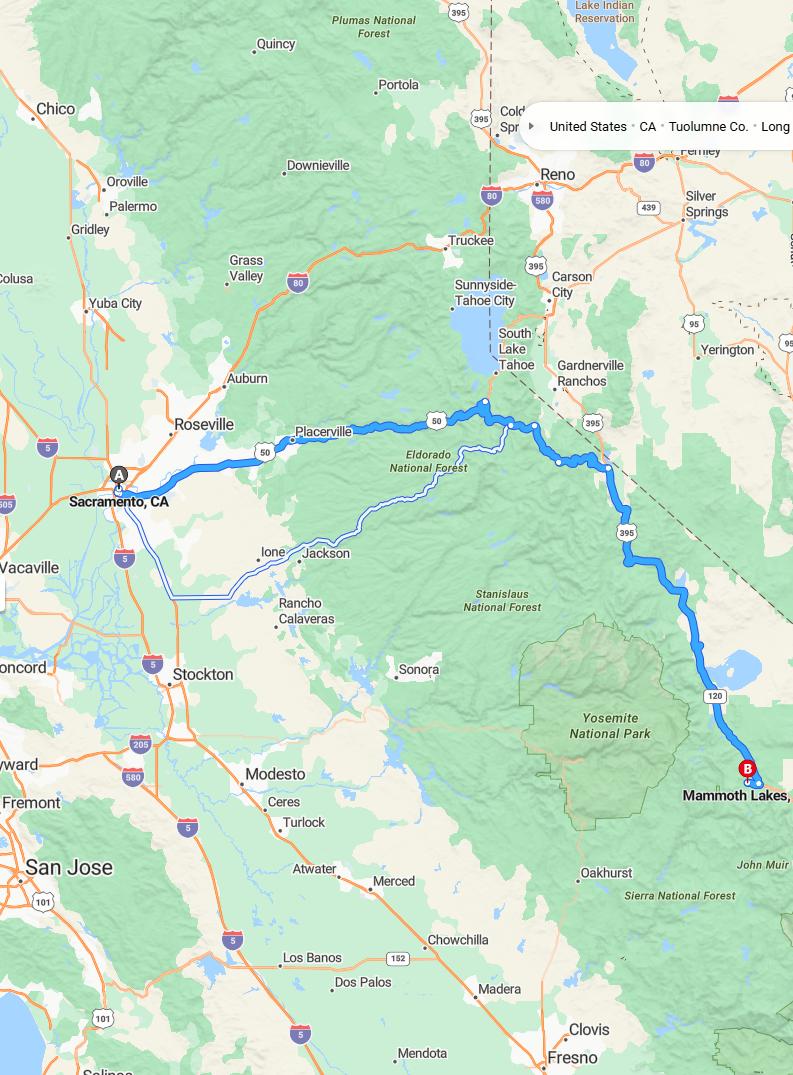 driving from Sacramento, California to Mammoth LakesCalifornia - map and route