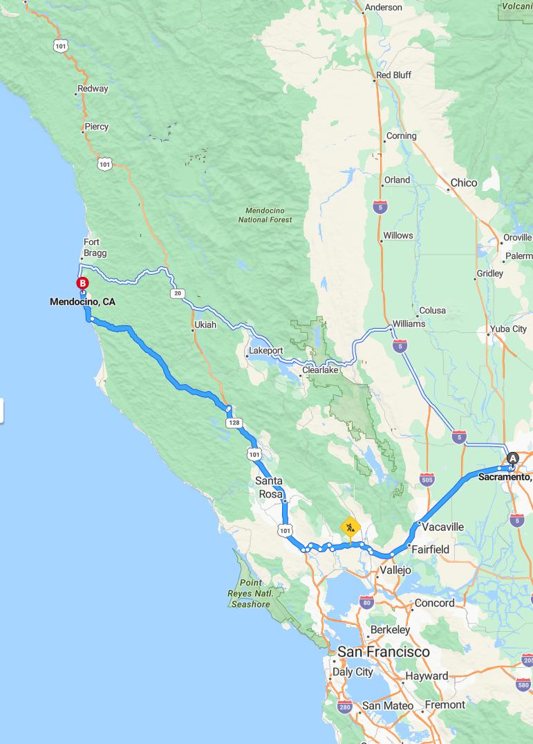 driving from Sacramento, California to MendocinoCalifornia - map and route