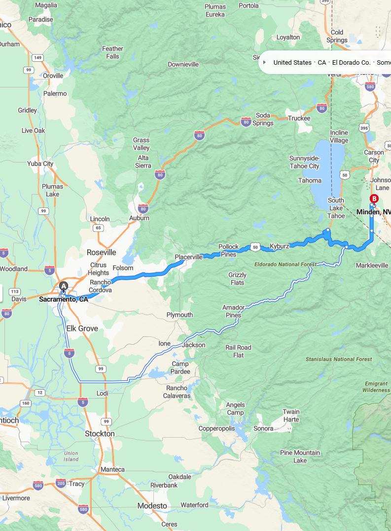 driving from Sacramento, California to MindenNevada - map and route