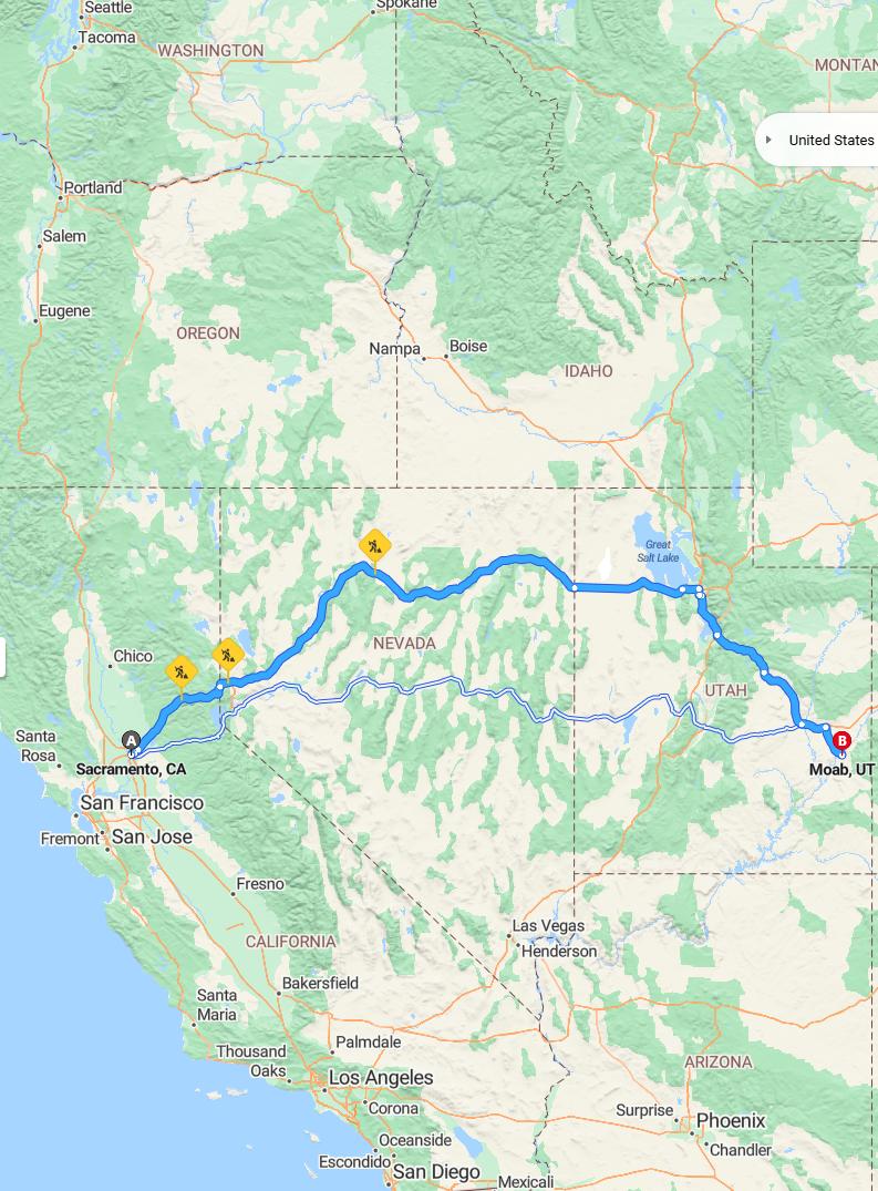 driving from Sacramento, California to MoabUtah - map and route