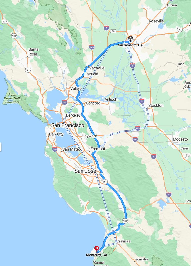 driving from Sacramento, California to MontereyCalifornia - map and route