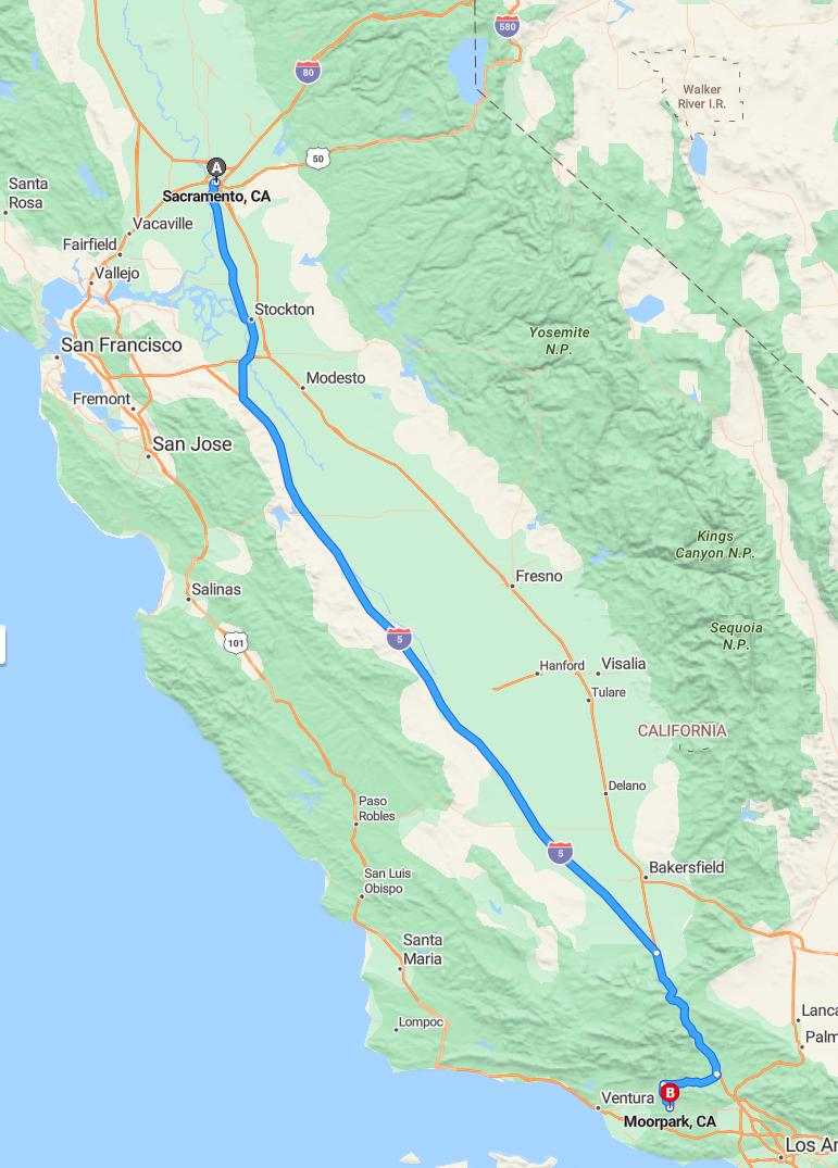 driving from Sacramento, California to MoorparkCalifornia - map and route