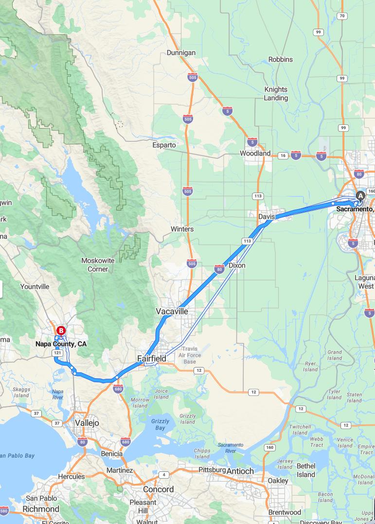 driving from Sacramento, California to Napa ValleyCalifornia - map and route