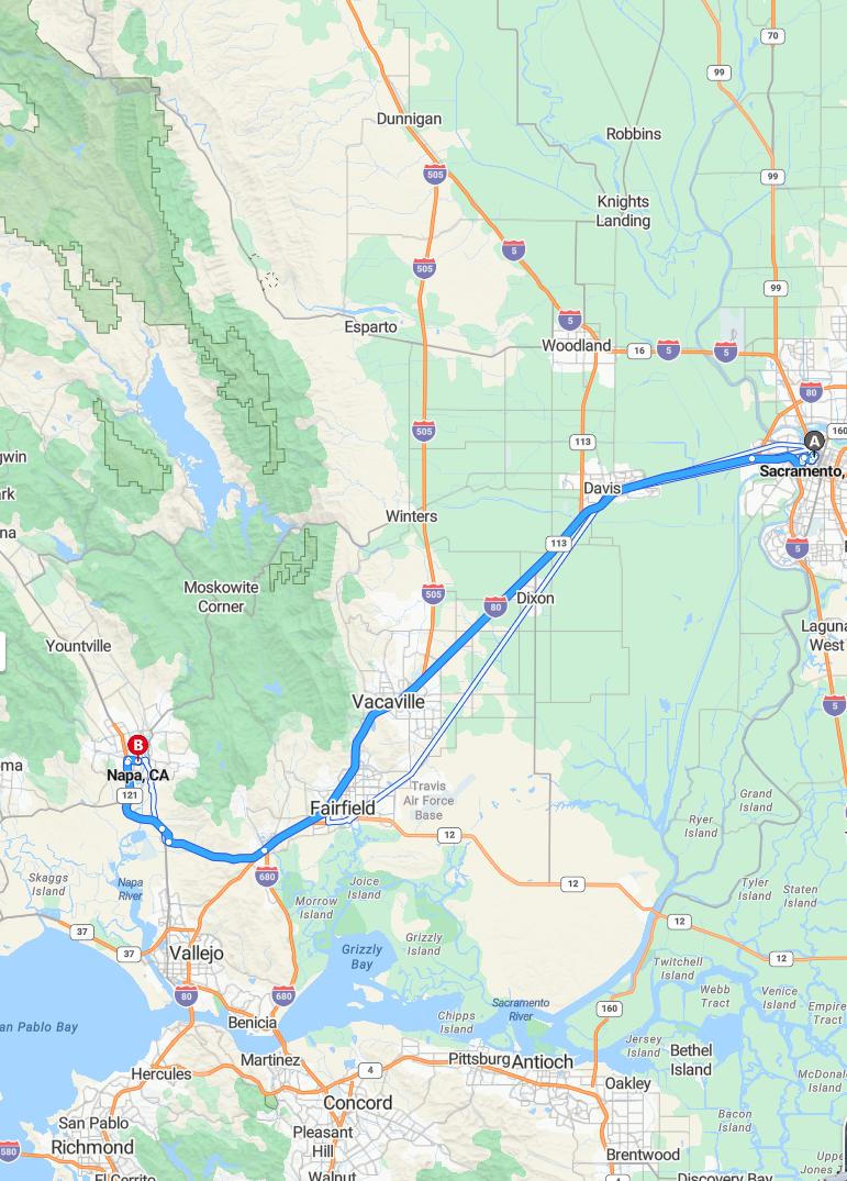 driving from Sacramento, California to NapaCalifornia - map and route