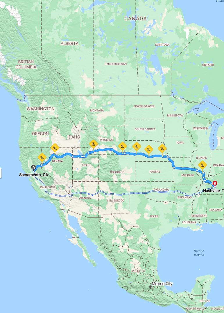 driving from Sacramento, California to NashvilleTennessee - map and route