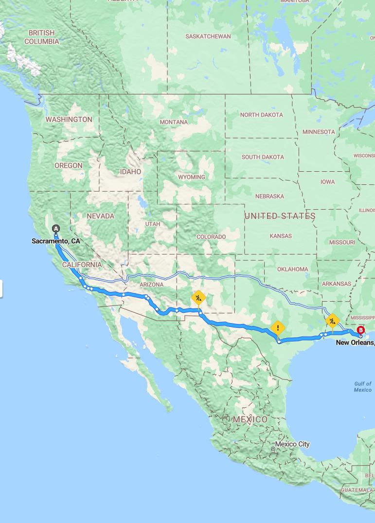 driving from Sacramento, California to New OrleansLouisiana - map and route