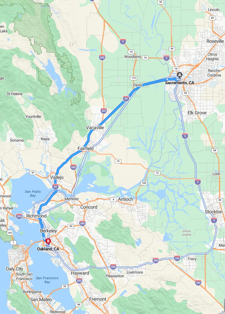 driving from Sacramento, California to OaklandCalifornia - map and route