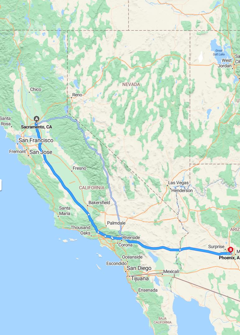driving from Sacramento, California to PhoenixArizona - map and route