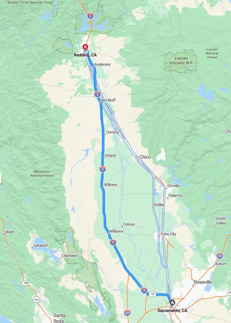 driving from Sacramento, California to ReddingCalifornia - map and route