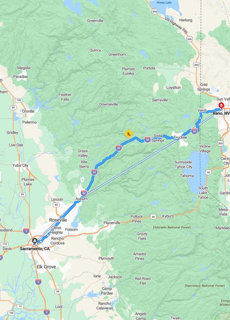 driving from Sacramento, California to RenoNevada - map and route