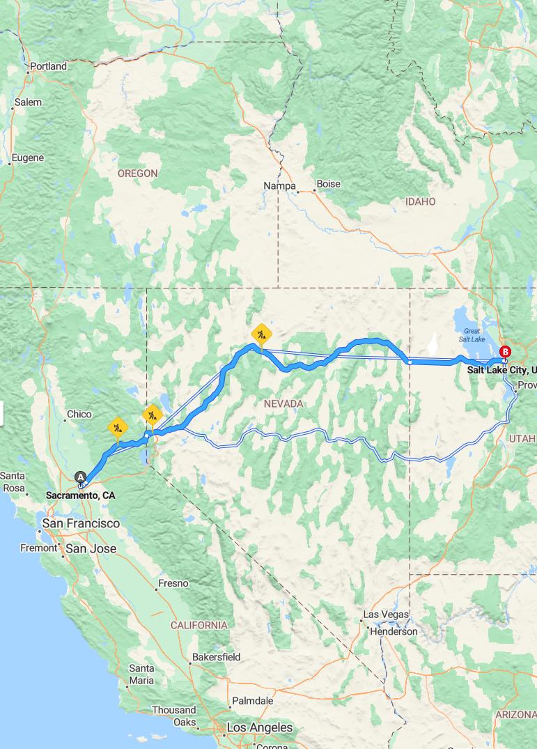 driving from Sacramento, California to Salt Lake CityUtah - map and route