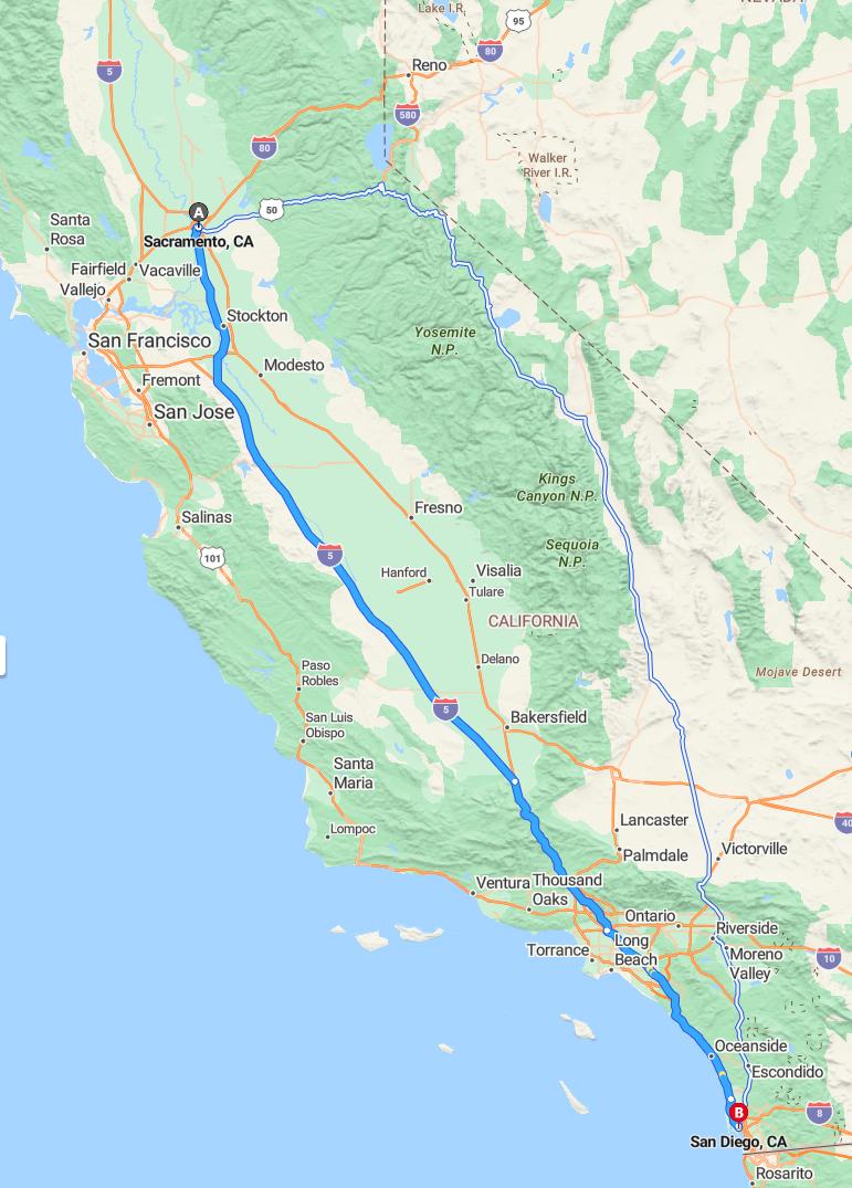 driving from Sacramento, California to San DiegoCalifornia - map and route