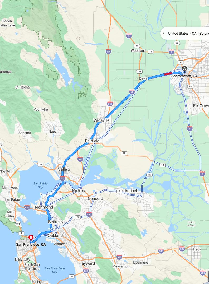 driving from Sacramento, California to San FranciscoCalifornia - map and route