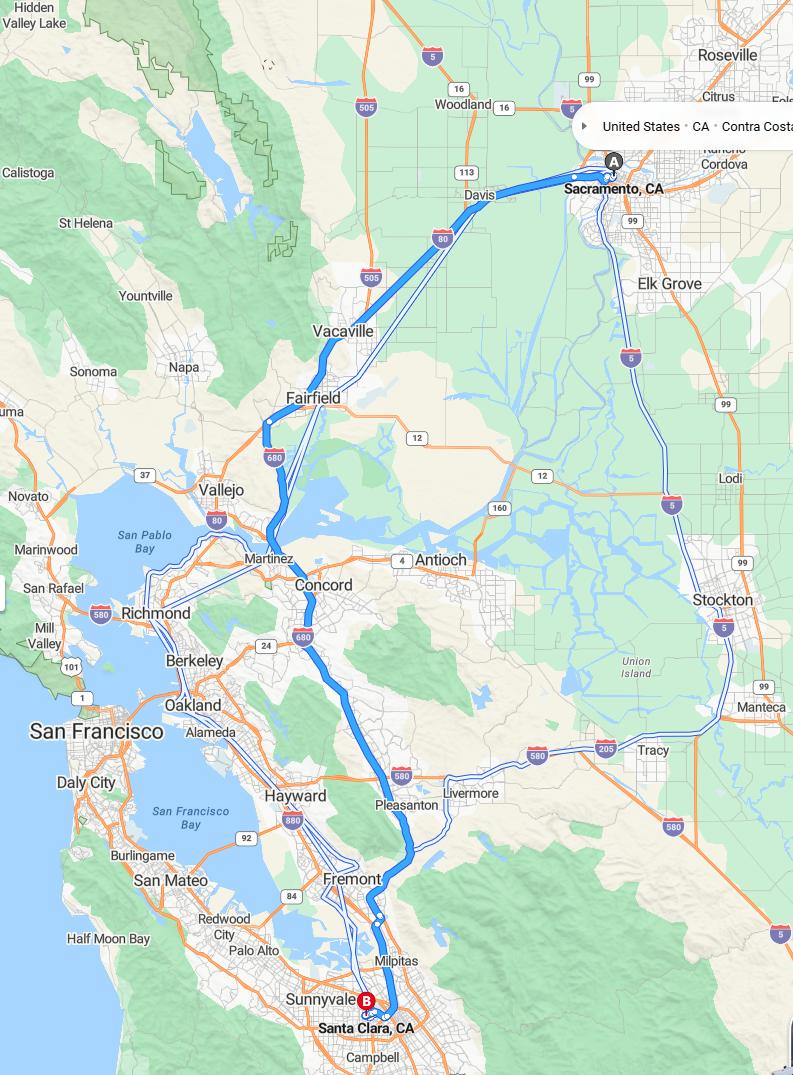 driving from Sacramento, California to Santa ClaraCalifornia - map and route