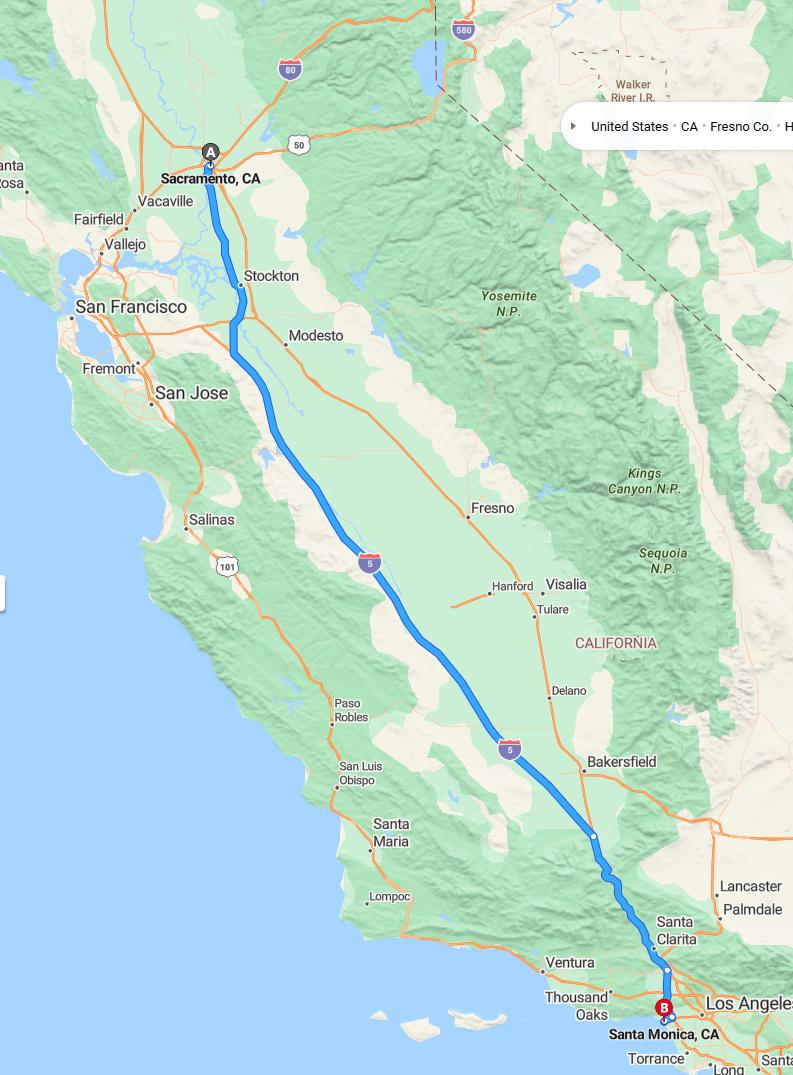driving from Sacramento, California to Santa MonicaCalifornia - map and route
