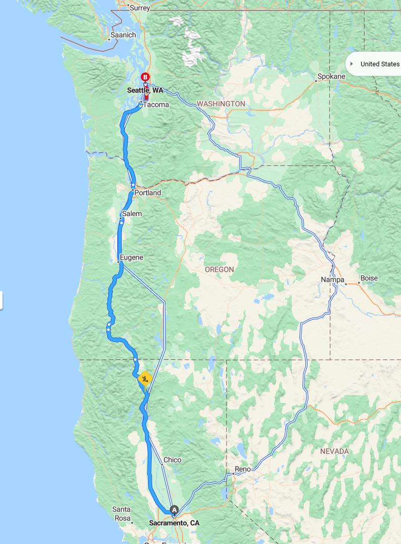 driving from Sacramento, California to SeattleWashington - map and route