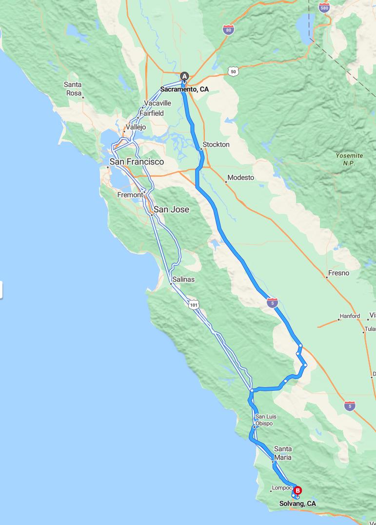 driving from Sacramento, California to SolvangCalifornia - map and route