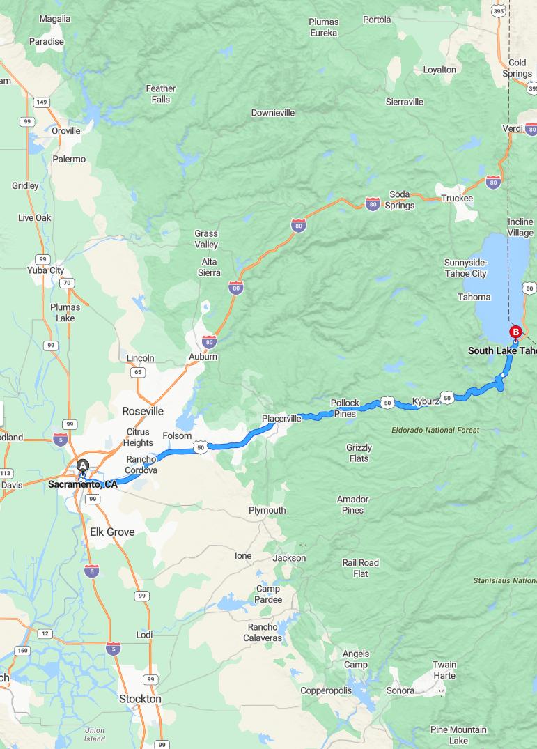 driving from Sacramento, California to South Lake TahoeCalifornia - map and route