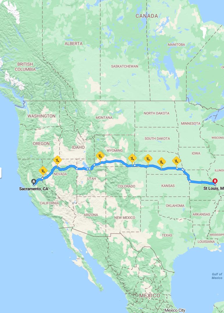 driving from Sacramento, California to St. LouisMissouri - map and route