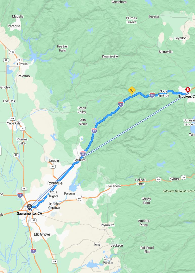 driving from Sacramento, California to TruckeeCalifornia - map and route