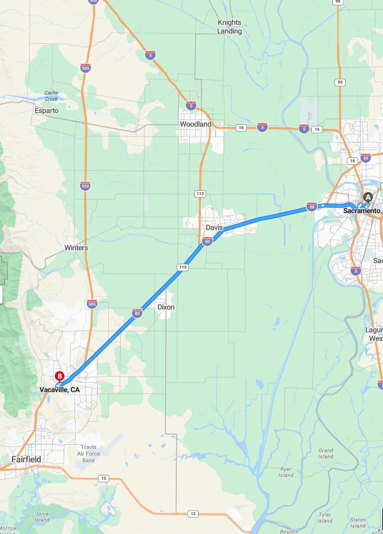 driving from Sacramento, California to VacavilleCalifornia - map and route
