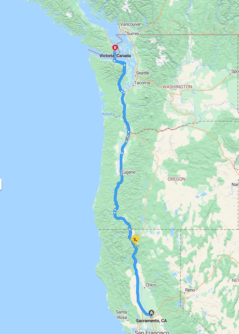 driving from Sacramento, California to VictoriaBritish Columbia - map and route