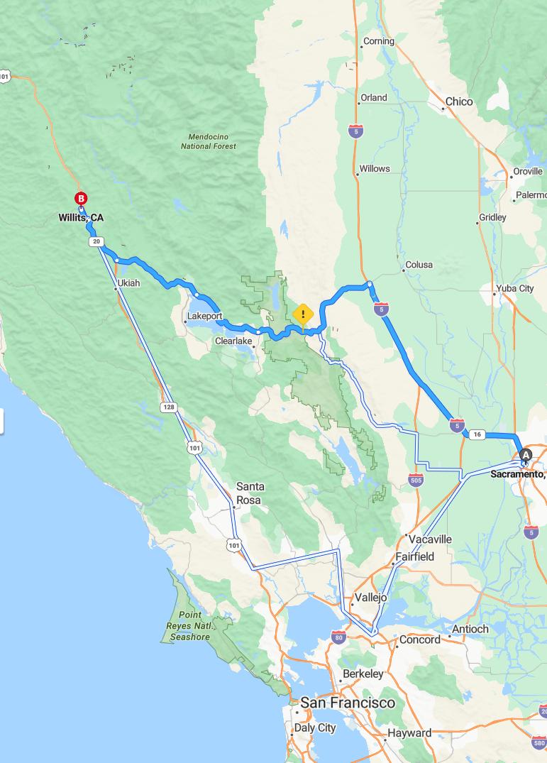 driving from Sacramento, California to WillitsCalifornia - map and route