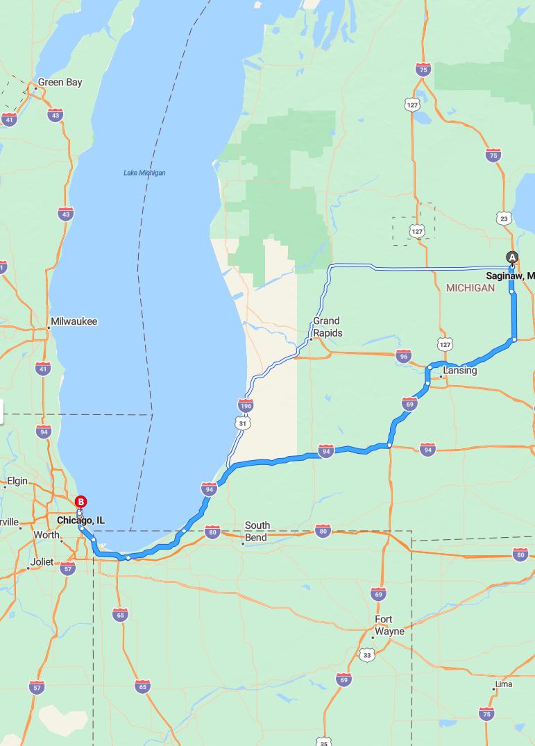 driving from Saginaw, Michigan to ChicagoIllinois - map and route