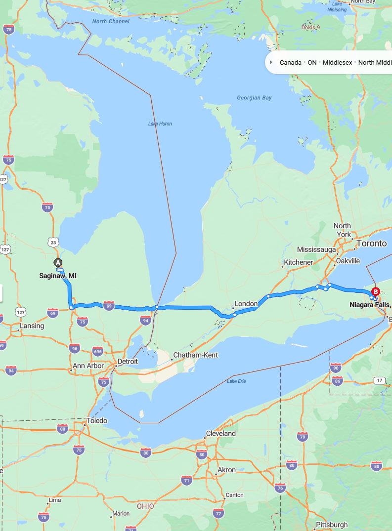 driving from Saginaw, Michigan to Niagara FallsNew York - map and route