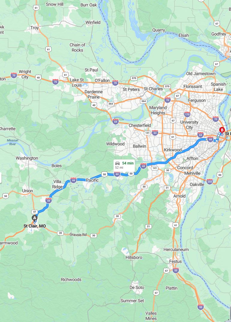 driving from Saint Clair, Missouri to Saint LouisMissouri - map and route