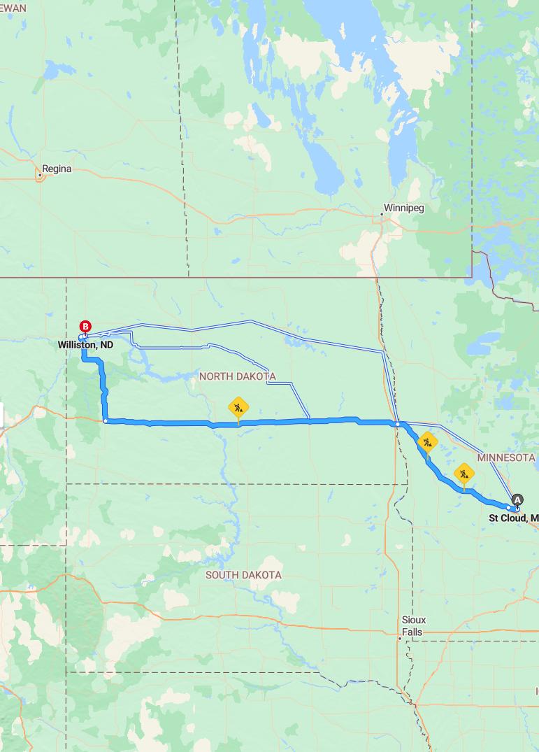 driving from Saint Cloud, Minnesota to WillistonNorth Dakota - map and route