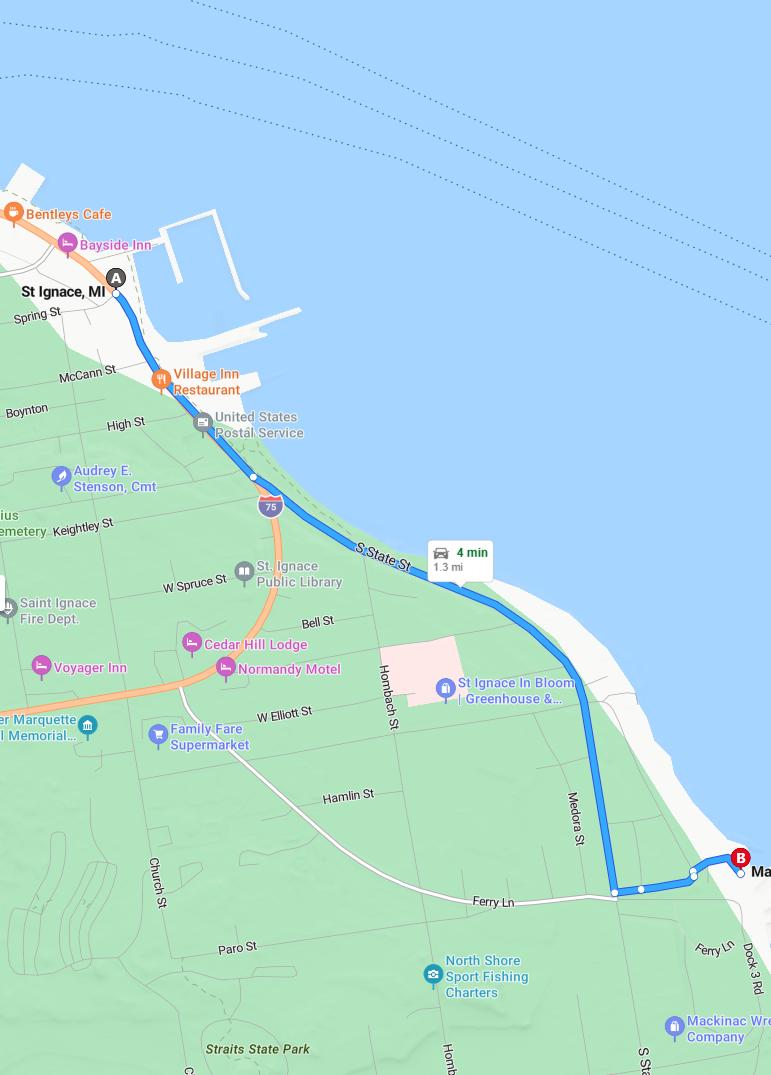 driving from Saint Ignace, Michigan to Mackinac IslandMichigan - map and route