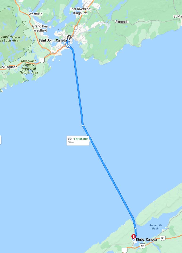 driving from Saint John, New Brunswick to DigbyNova Scotia - map and route