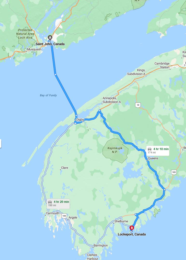 driving from Saint John, New Brunswick to LockeportNova Scotia - map and route