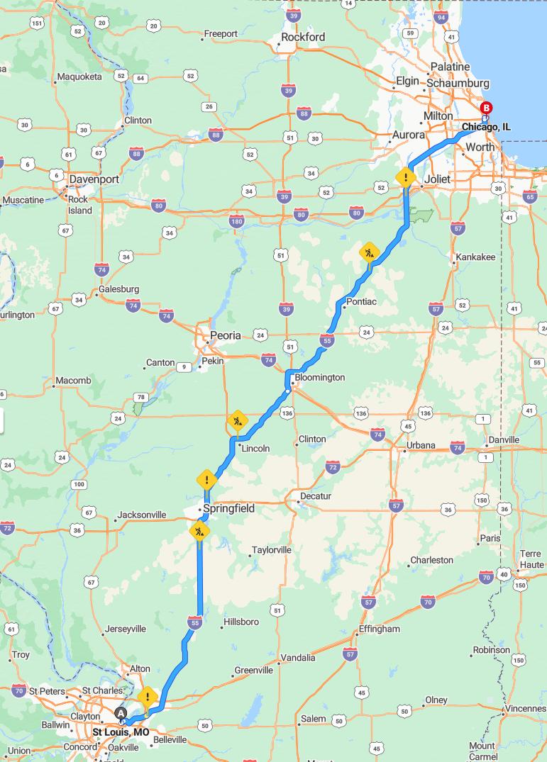 driving from Saint Louis, Missouri to ChicagoIllinois - map and route