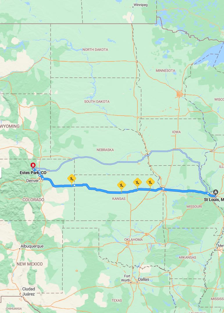 driving from Saint Louis, Missouri to Estes ParkColorado - map and route
