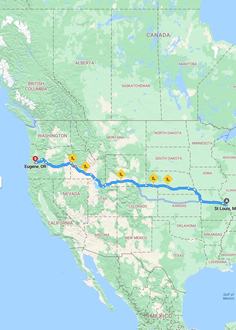 driving from Saint Louis, Missouri to EugeneOregon - map and route