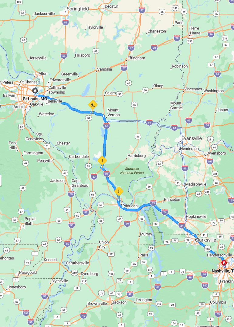 driving from Saint Louis, Missouri to NashvilleTennessee - map and route