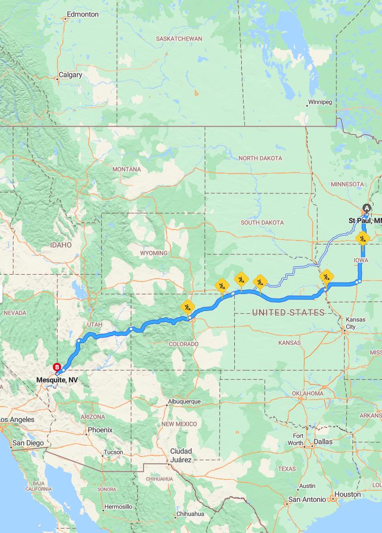 driving from Saint Paul, Minnesota to MesquiteNevada - map and route