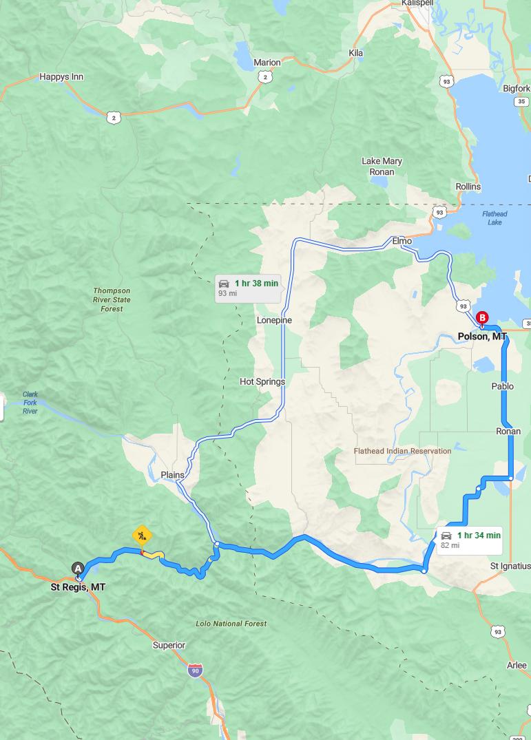 driving from Saint Regis, Montana to PolsonMontana - map and route