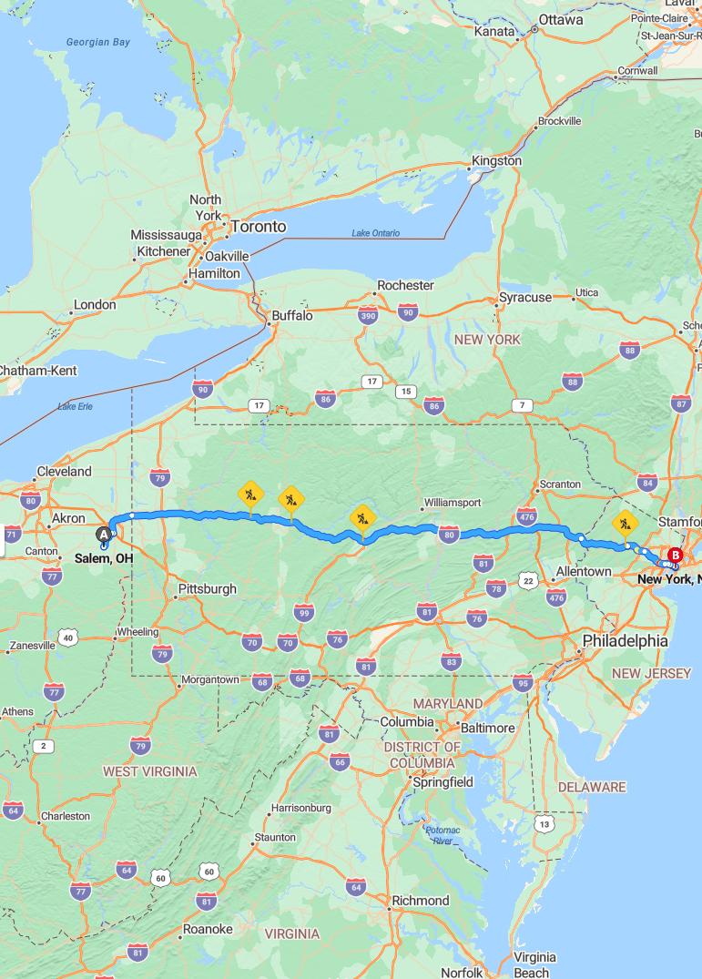 driving from Salem, Ohio to New York CityNew York - map and route