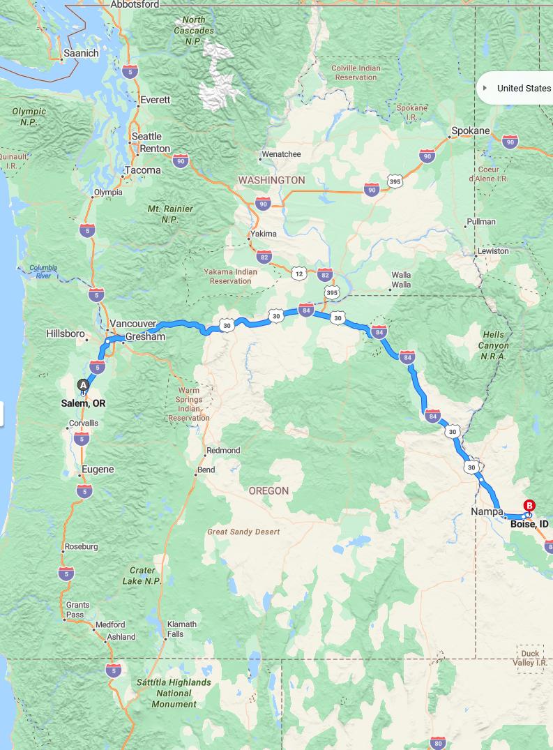 driving from Salem, Oregon to BoiseIdaho - map and route