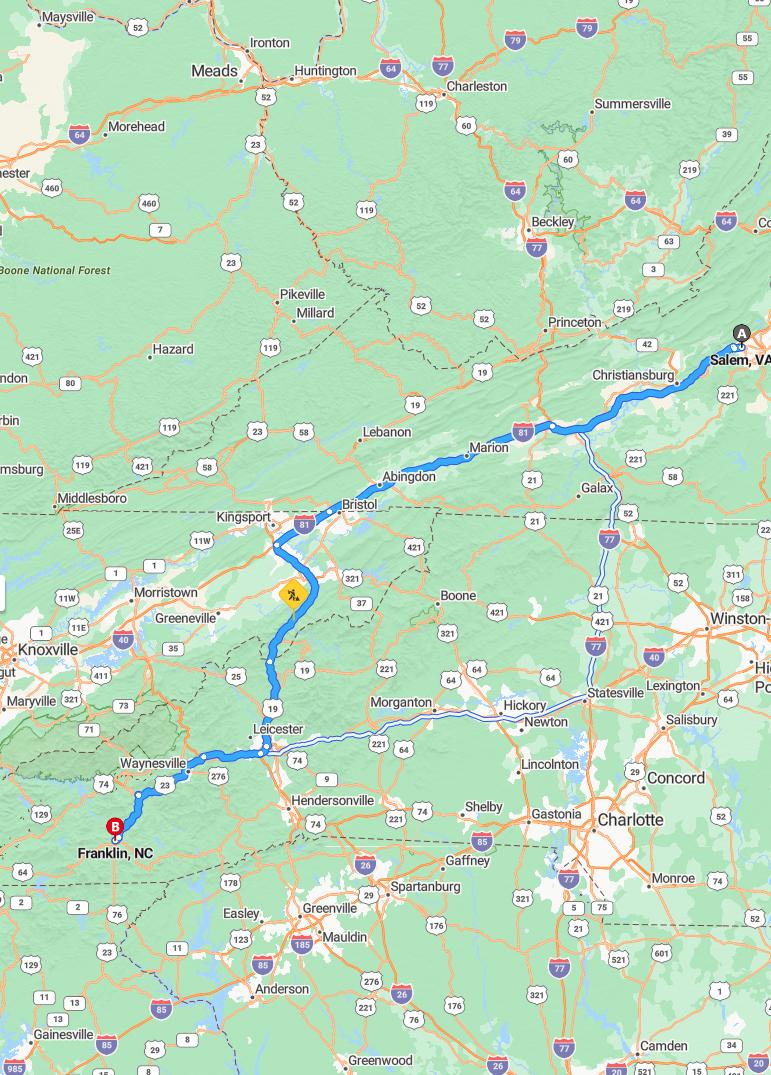 driving from Salem, Virginia to FranklinNorth Carolina - map and route